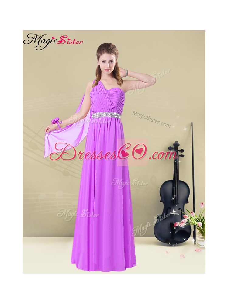 The Most Popular One Shoulder Floor Length Dama Dress with Ruching and Belt for