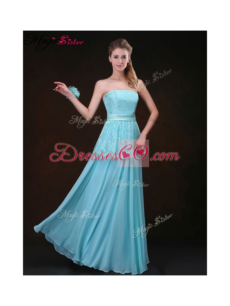 Affordable Strapless Floor Length Prom Dress in Aqua Blue Color