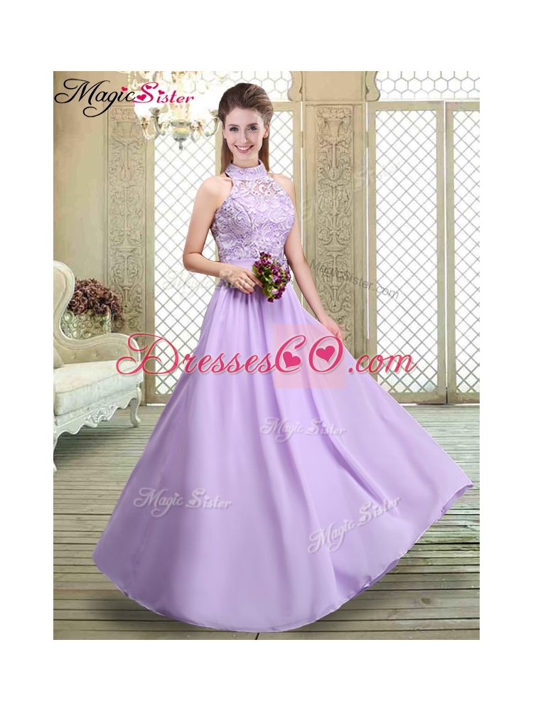 New Style Sweet High Neck Lace Lavender Prom  Dresses