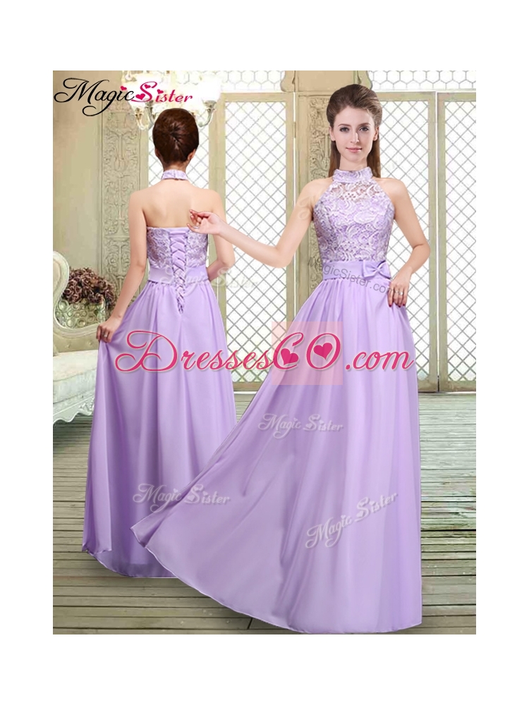 New Style Sweet High Neck Lace Lavender Prom  Dresses