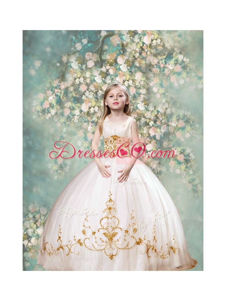 Perfect Ball Gown Scoop Little Girls Pageant Dress in White and Gold