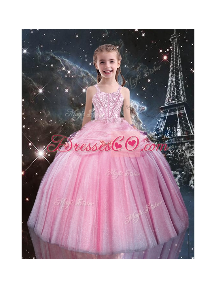 Sweet Ball Gown Straps Pink Beading Little Girl Pageant Dresses