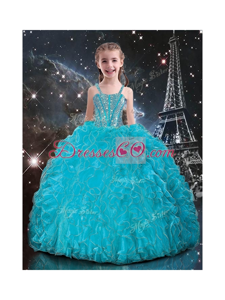 Straps Little Girl Pageant Dress with Beading and Ruffles in Baby Blue