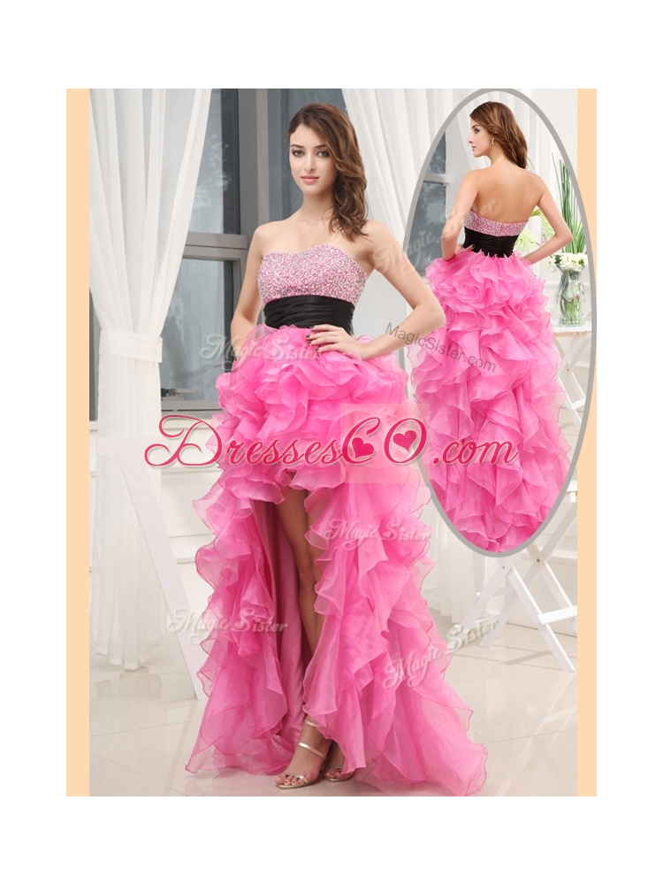 Cheap High-low Pink  Bridesmaid Dress with Beading and Belt