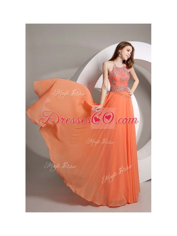 Romantic Empire Halter Top Orange Bridesmaid Dress with Beading