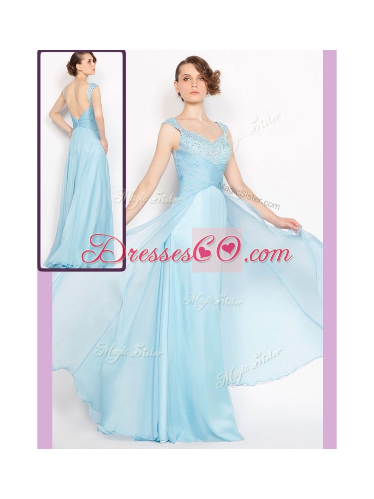 New Style Empire Brush Train Light Blue Bridesmaid  Dress with Beading
