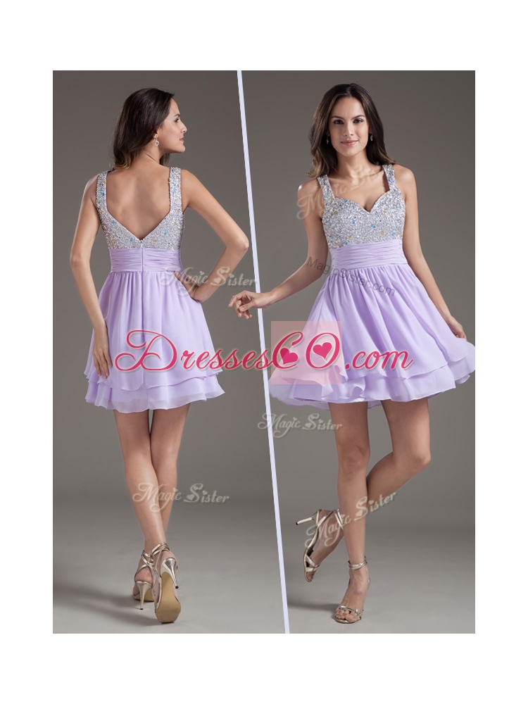 Simple Straps Mini Length LavenderBridesmaid  Dress with Beading