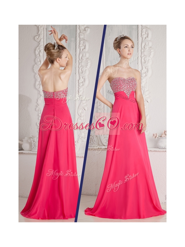 Romantic Empire Beading Bridesmaid Dress in Coral Red
