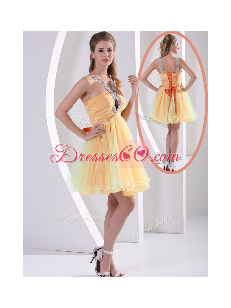 Beautiful Straps Mini Length Beading Dama Dresses