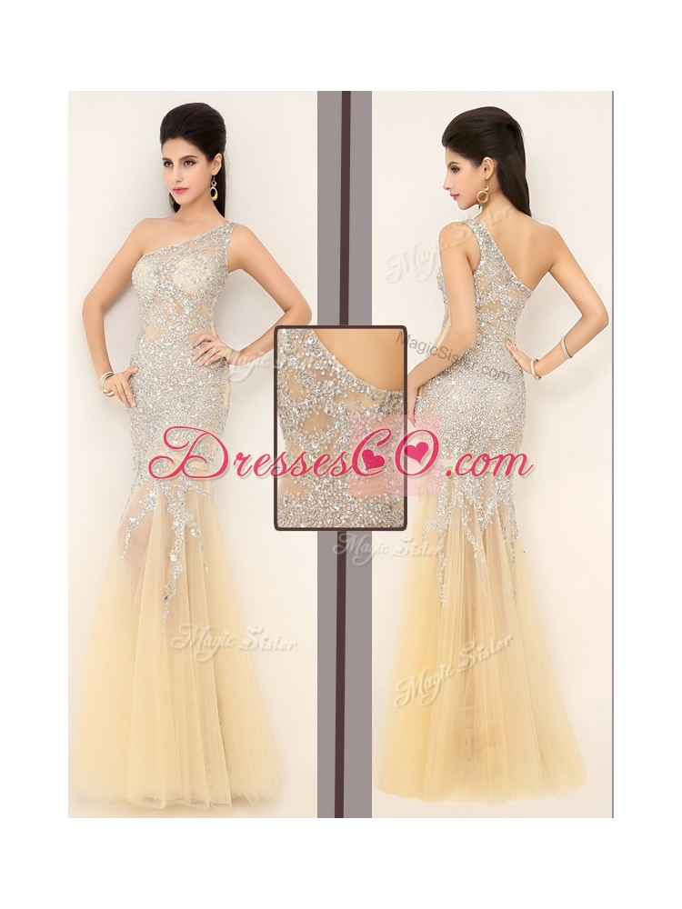 Gorgeous Mermaid One Shoulder Beading  Dama Dress in Champagne