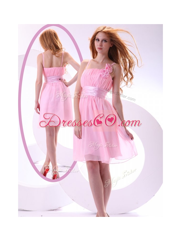 Beautiful Short Pink Dama Dress with Hand Made Flowers and Belt