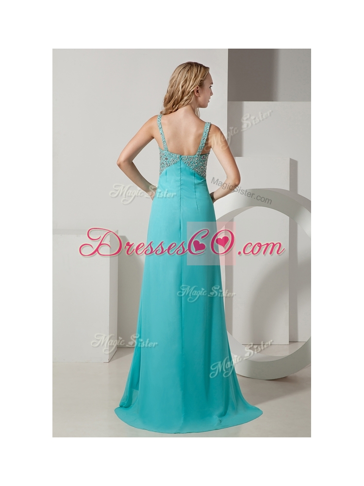 Elegant Empire Straps Beading Turquoise Dama Dress with Brush Train