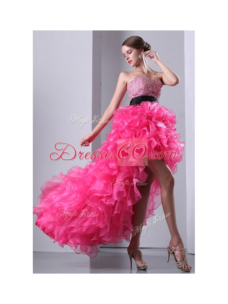 Exquisite High Low Hot Pink Dama Dress with Ruffles