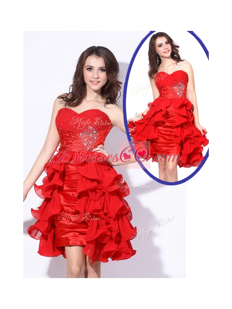 Red Short Homecoming Dress with Beading and Ruffles