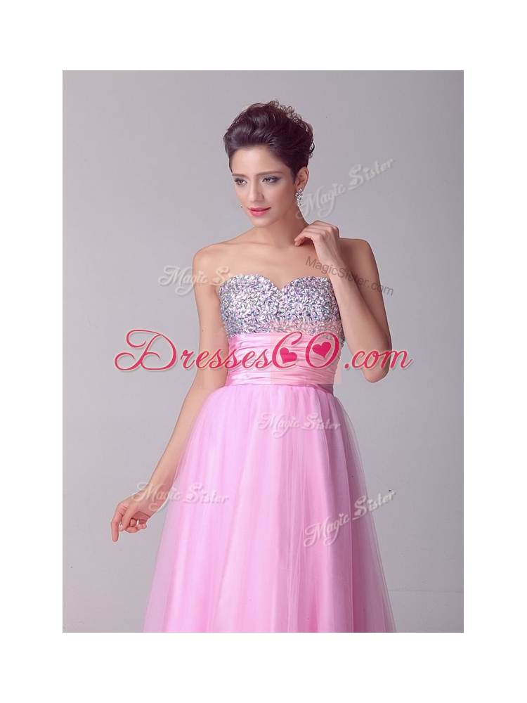 Lovely A Line Brush Train Rose Pink Evening Dress with Beading Spring