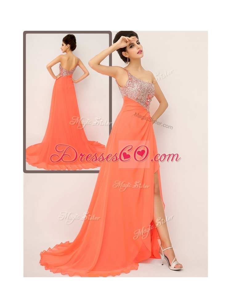 Luxurious One Shoulder Evening Dress with High Slit and Sequins
