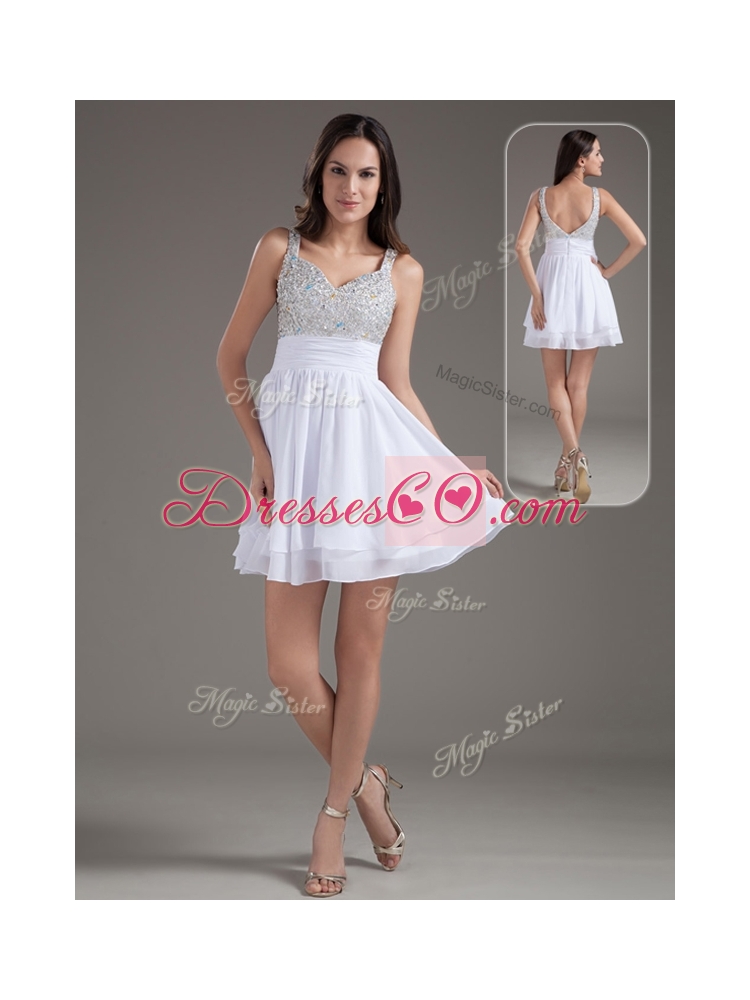 Perfect Short Straps Beading White Evening  Dress