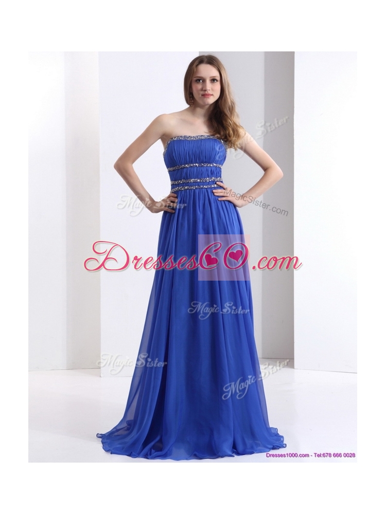 Simple Strapless Empire Blue Evening  Dress with Ruching and Beading