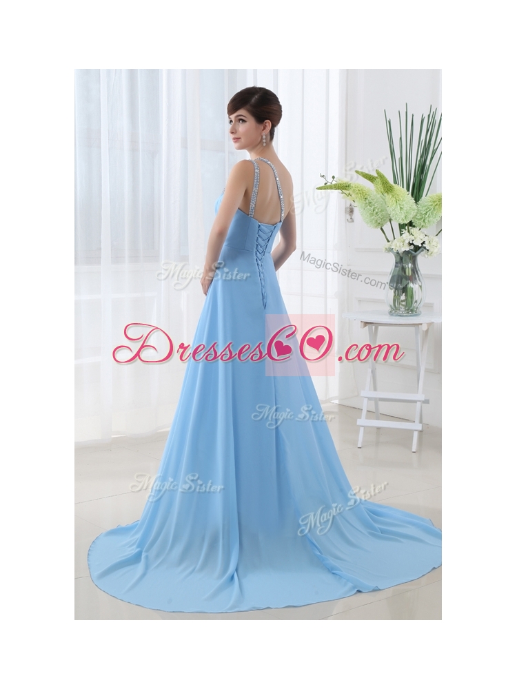 Sweet One Shoulder Brush Train Beading Evening Dress with Lace Up