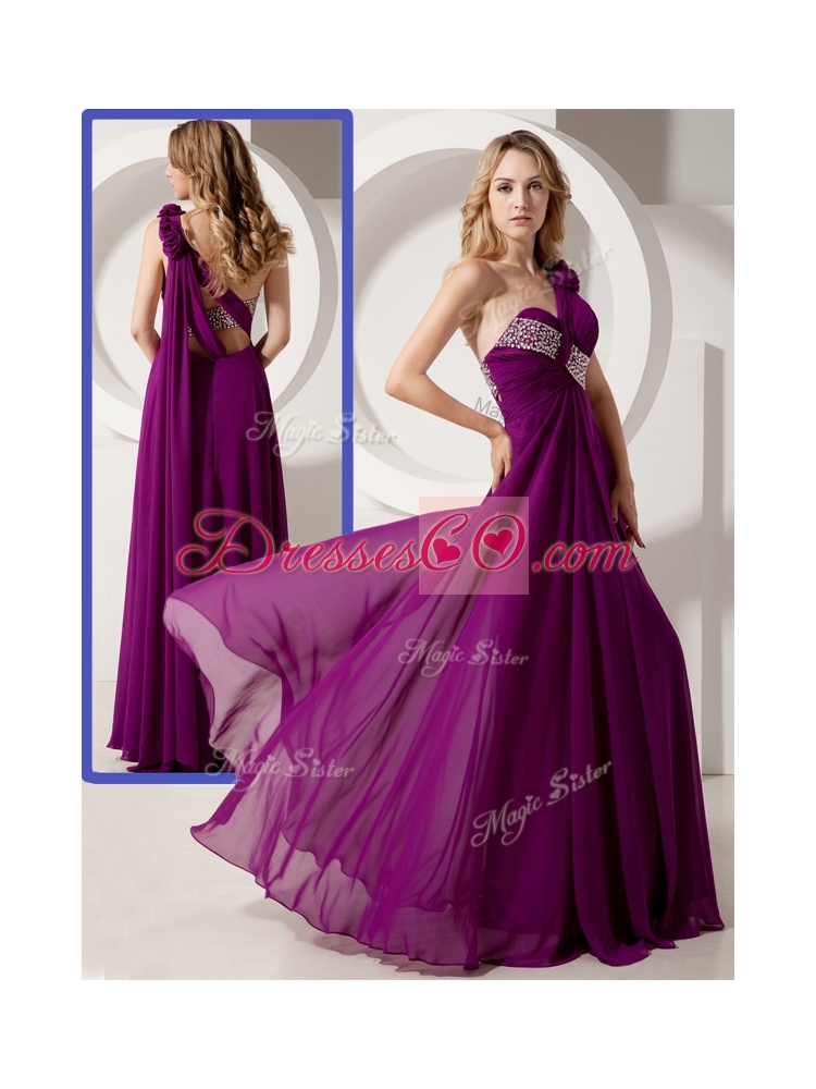 Luxurious One Shoulder Hand Made Flowers Discount Prom Dress with Beading