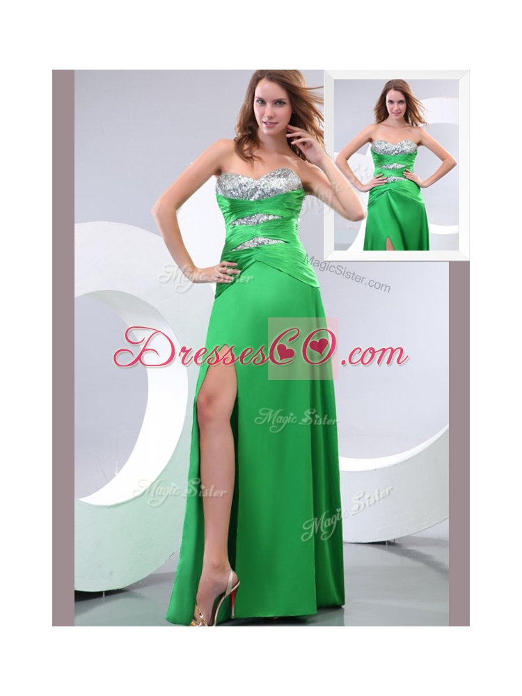 Affordable Paillette and High Slit GreenSexy  Prom Dress