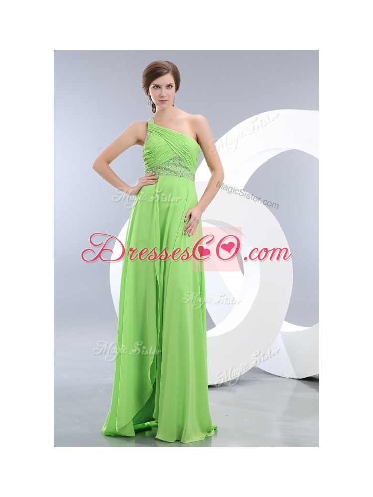 Elegant One Shoulder Spring Green  SexyProm Dress with High Slit