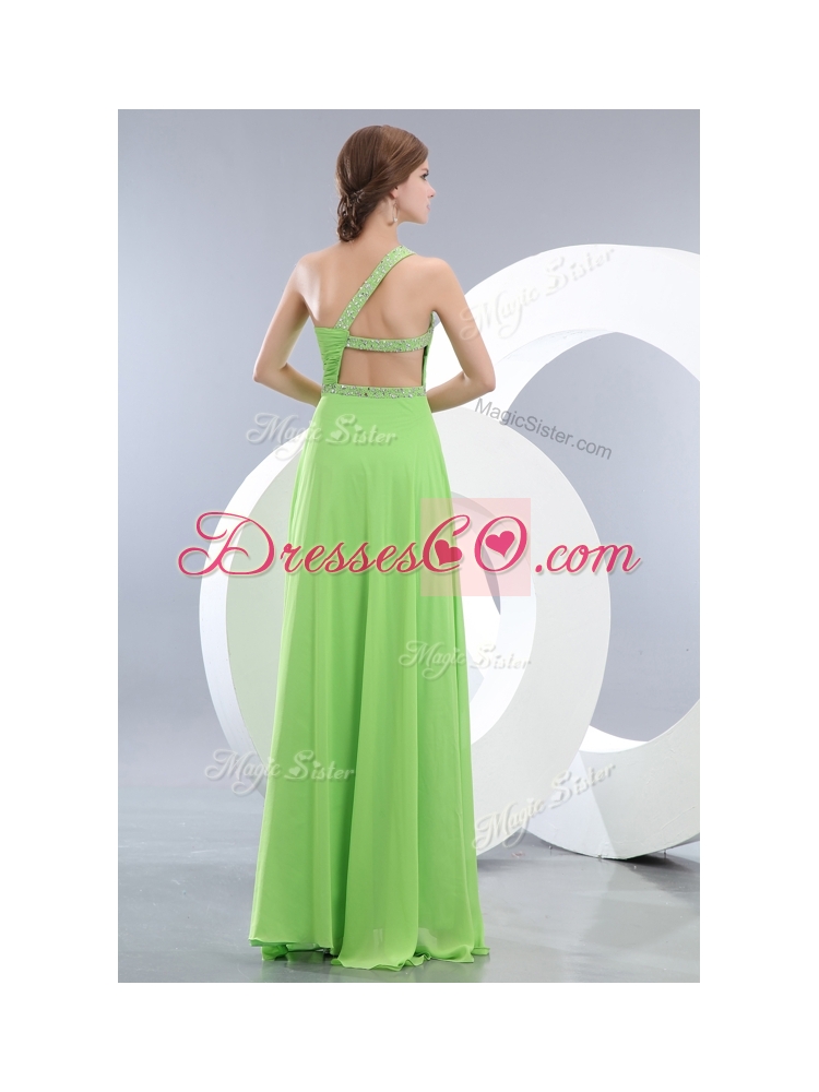 Elegant One Shoulder Spring Green  SexyProm Dress with High Slit