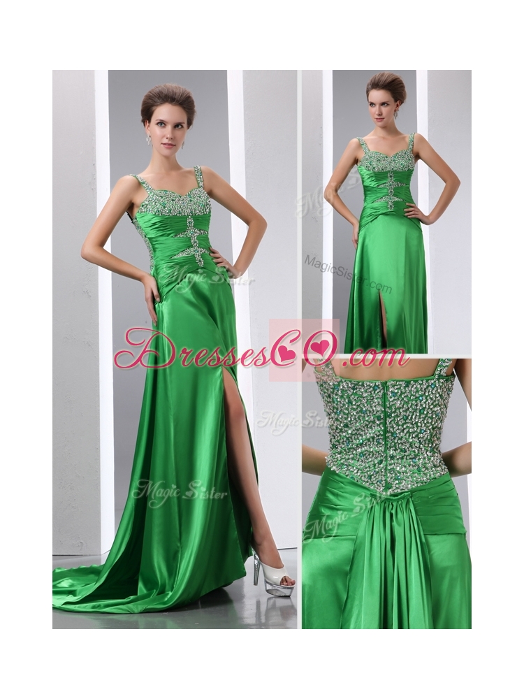 Luxurious Column Beading and High SlitSexy Prom Dress with Court Train