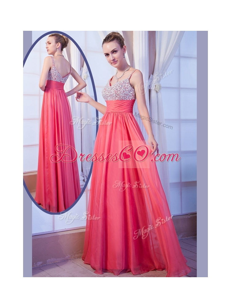 New Style Empire Straps Side Zipper Beading Prom Dress for Evening
