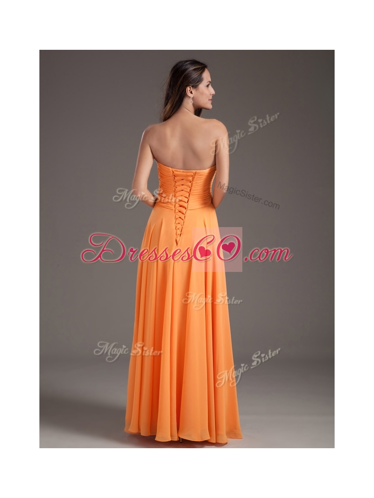 New Style Low Price Floor Length Ruching Prom Dress in Orange