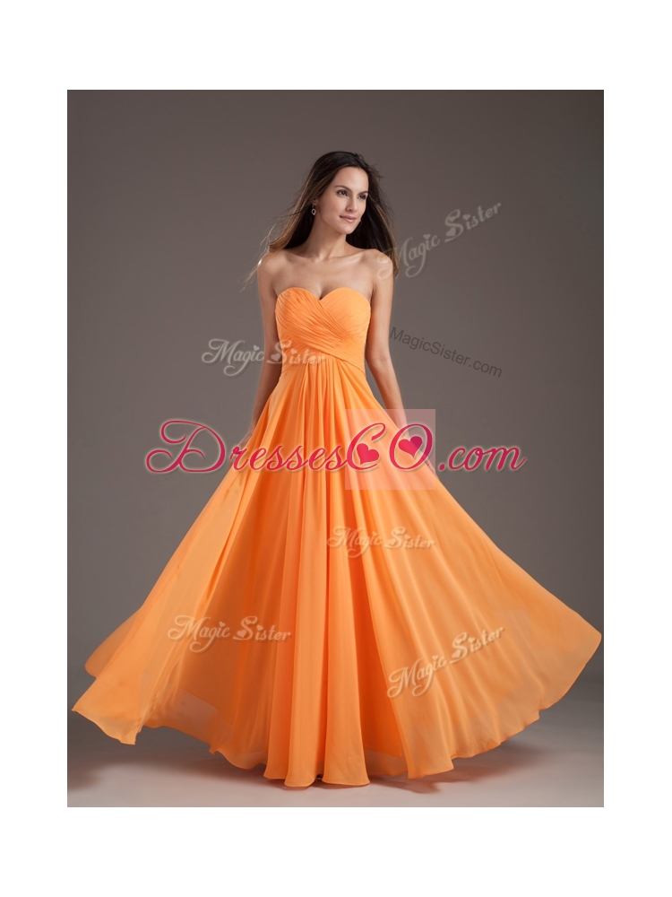 New Style Low Price Floor Length Ruching Prom Dress in Orange