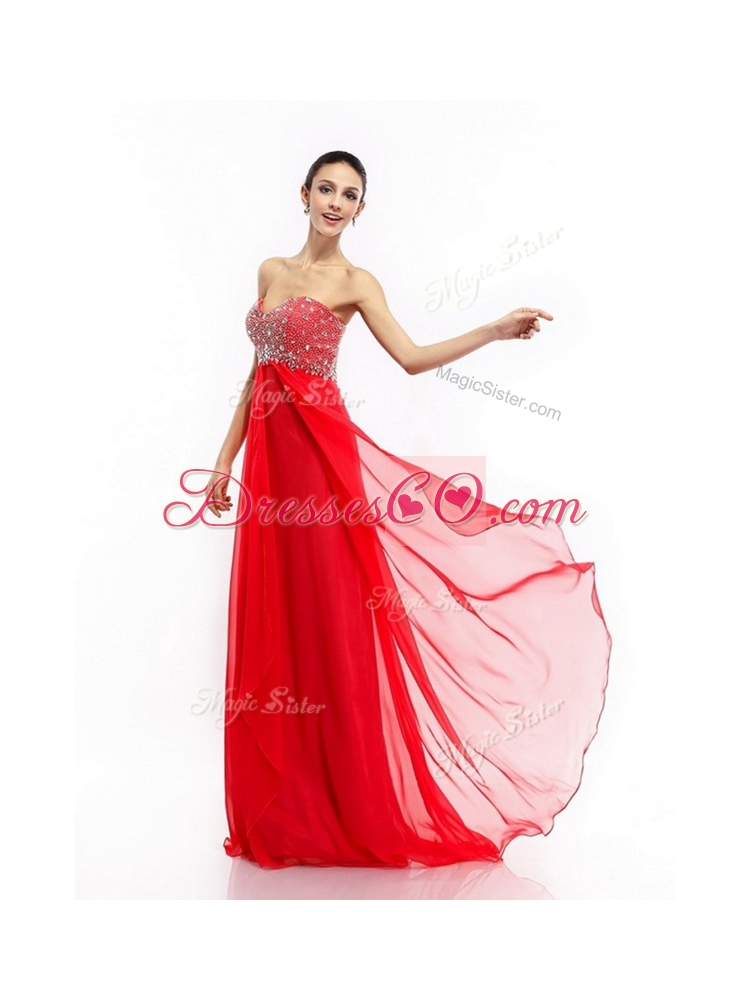 New Style Brush Train Beading Prom Dress in Red