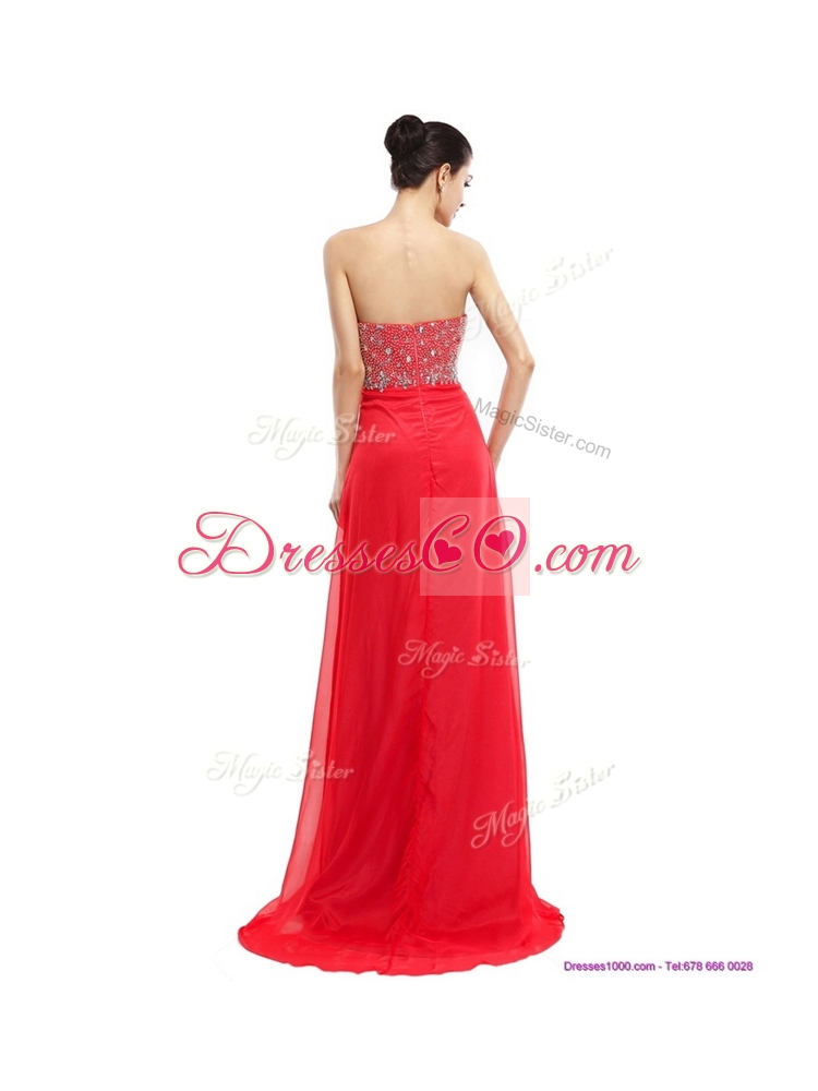 New Style Brush Train Beading Prom Dress in Red