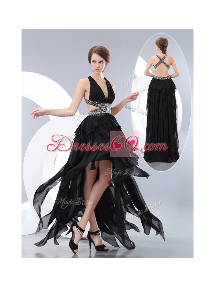 New Style V Neck High Low Prom Dress in Black
