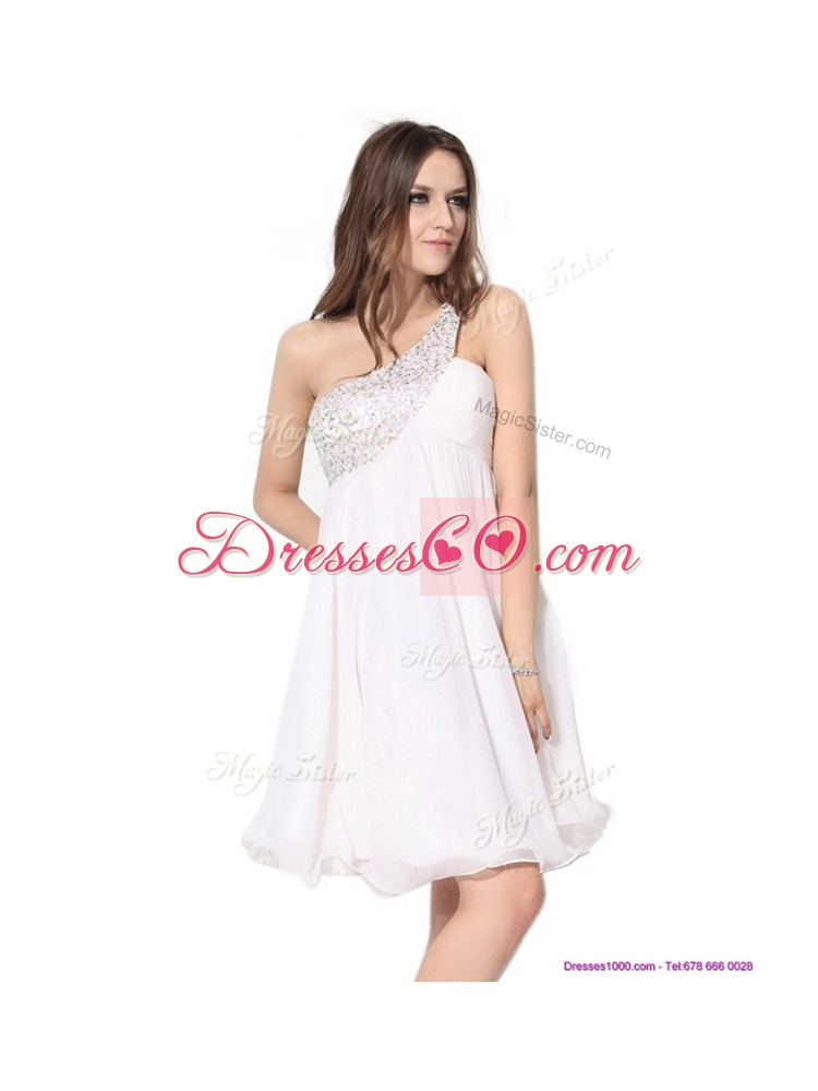 New StyleShort One Shoulder Beading Prom Dress in White