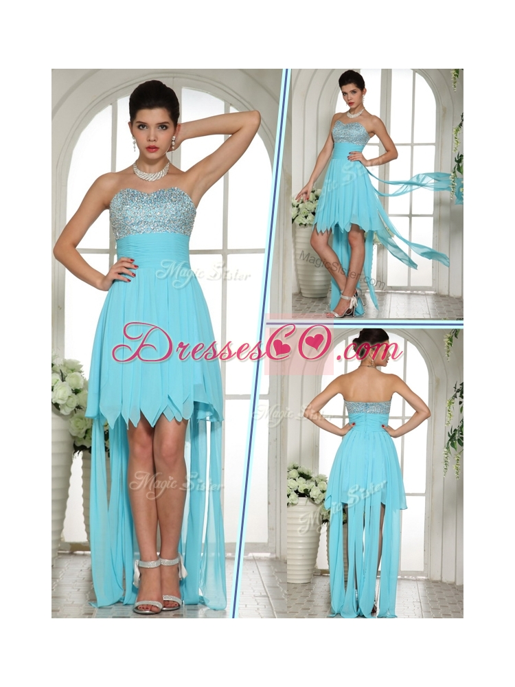 SexyHigh Low Beading and Paillette Prom Dress in Aqua Blue Color