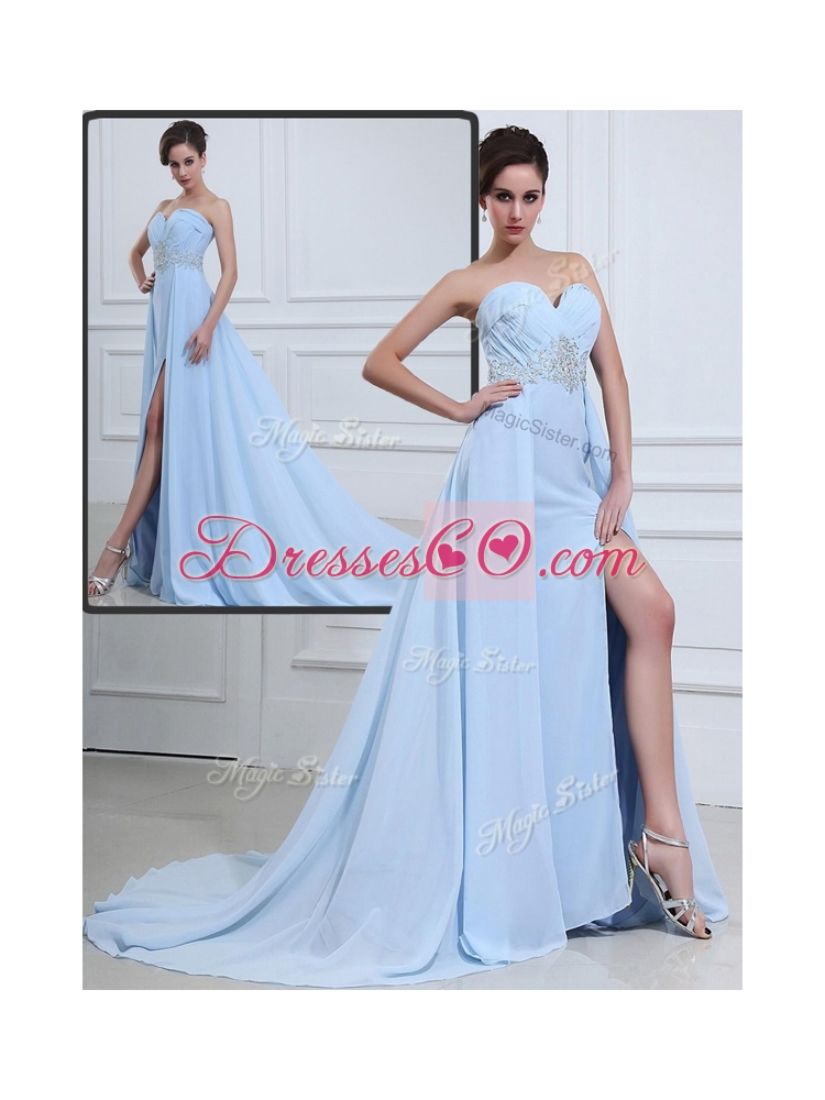 The Super Hot Brush Train Beading Sexy Prom Dress in Light Blue