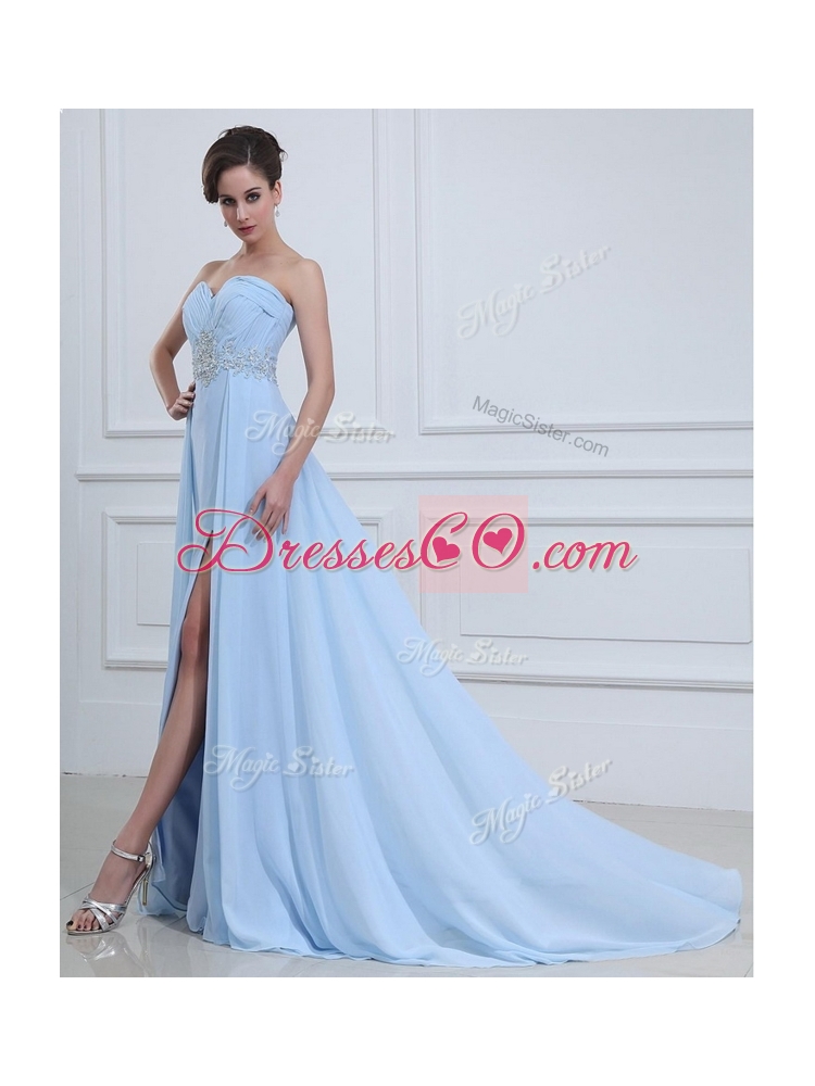 The Super Hot Brush Train Beading Sexy Prom Dress in Light Blue
