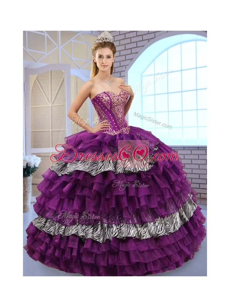 Pretty Ball Gown Sweet 16 Quinceanera Dress with Ruffled Layers and Zebra