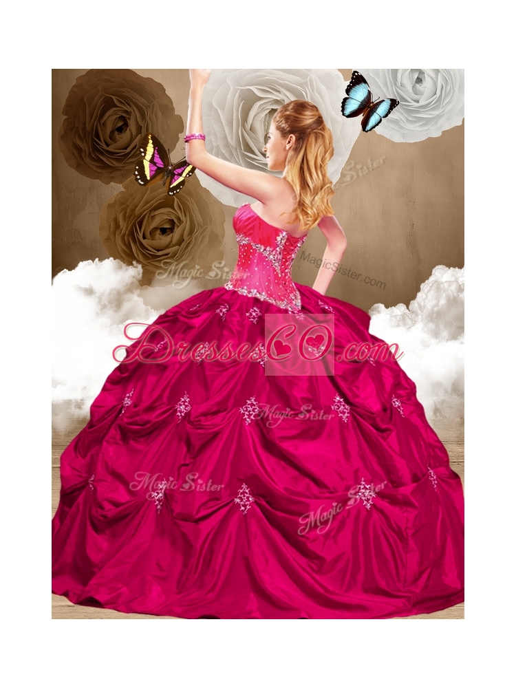 Luxurious Hot Pink Sweet Sixteen Dress with Appliques and Pick Ups