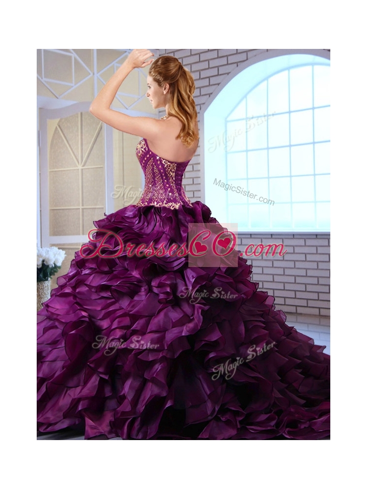 Perfect Brush Train Ruffles and Appliques Quinceanera Dress in Royal Blue