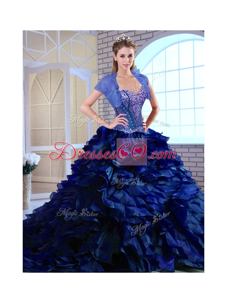 Perfect Brush Train Ruffles and Appliques Quinceanera Dress in Royal Blue