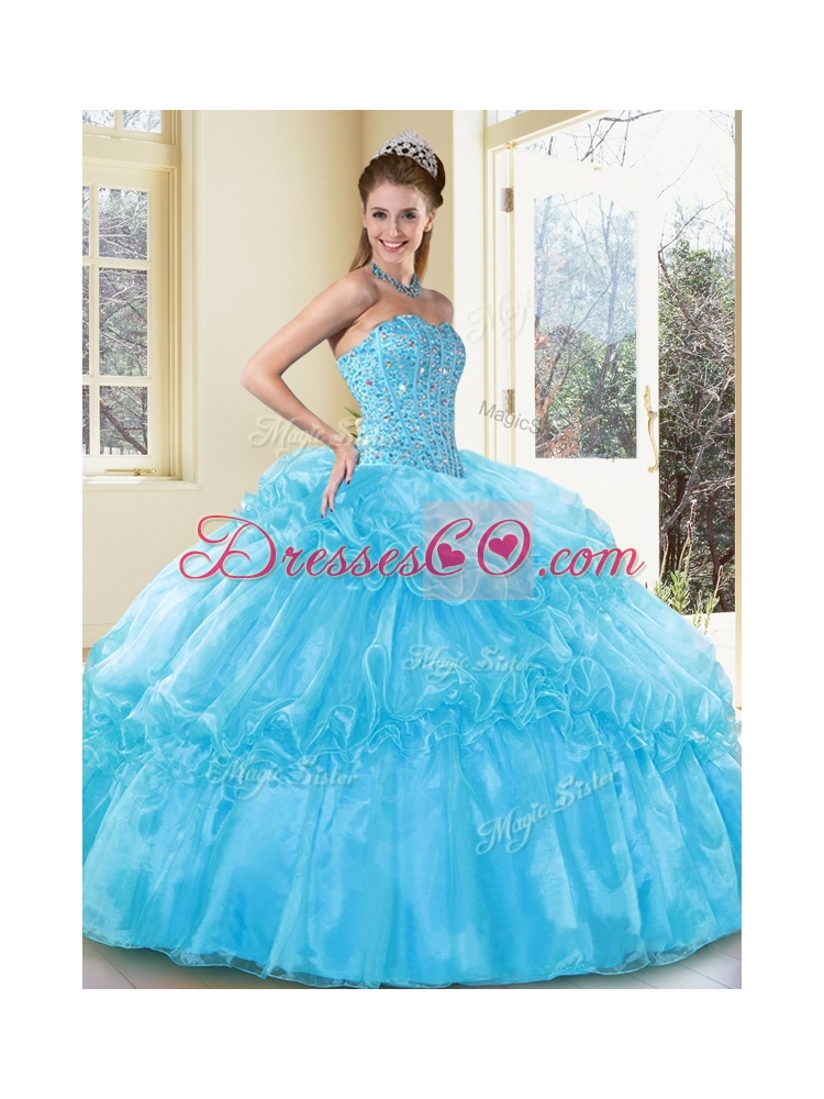 Sweet Ball Gown Sweet Sixteen Dress with Beading and Ruffled Layers in Aqua Blue Color