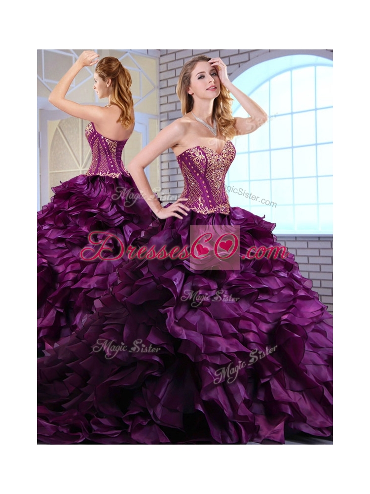 Wonderful Brush Train Dark Purple Sweet Sixteen Dress with Ruffles and Appliques