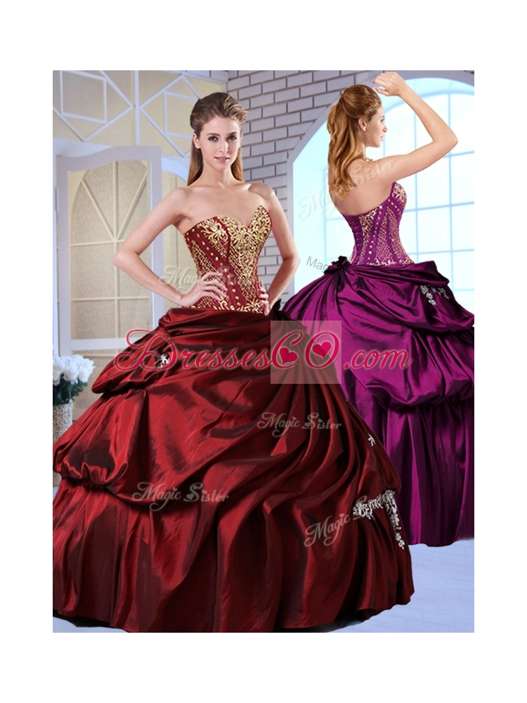 Gorgeous Ball Gown Taffeta Wine Red Quinceanera Gowns with Pick Ups