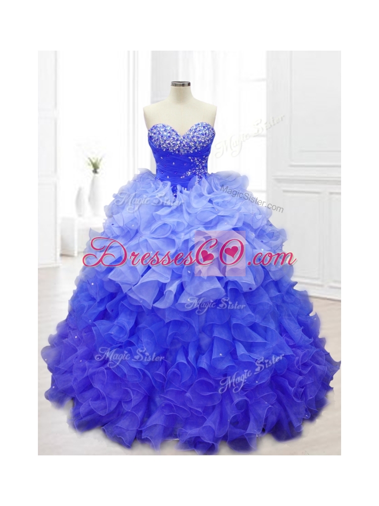Custom Made Blue Quinceanera Gowns with Beading and Ruffles