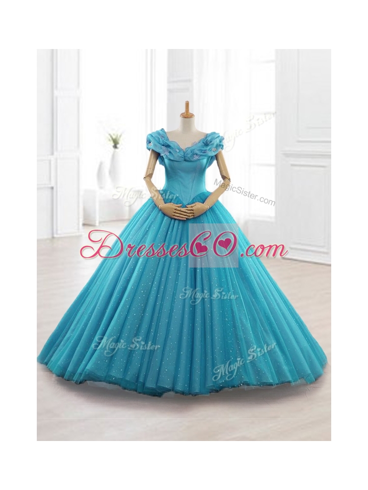 Custom Made Cap Sleeves Teal Quinceanera Gowns with Appliques