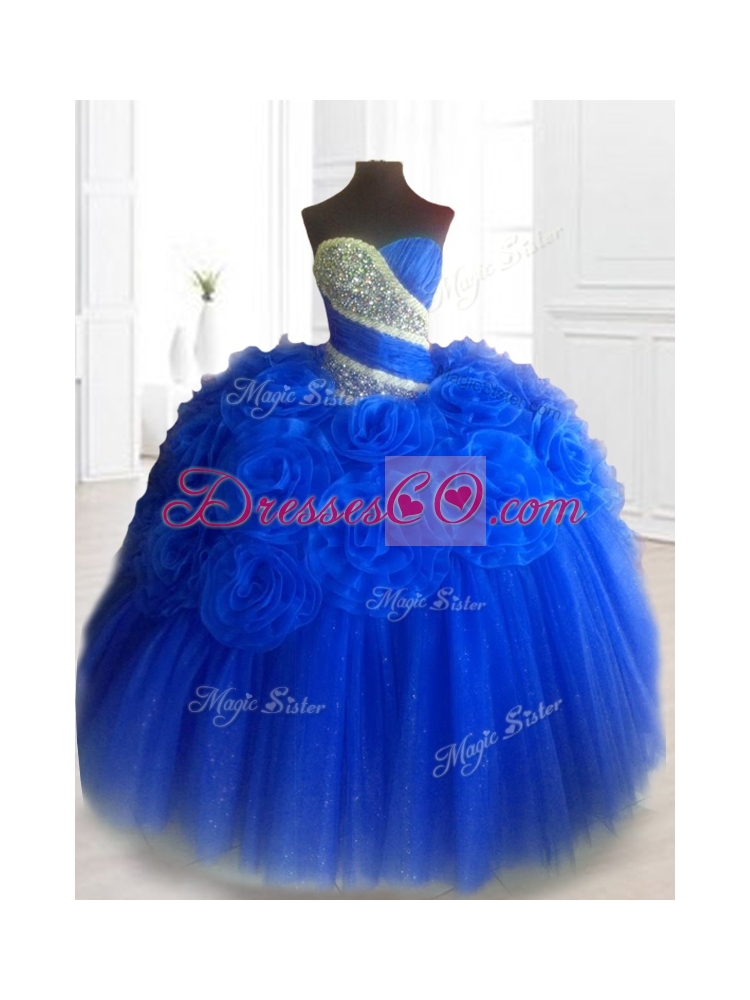 Custom Made Hand Made Flowers Sweet Sixteen Dress in Royal Blue