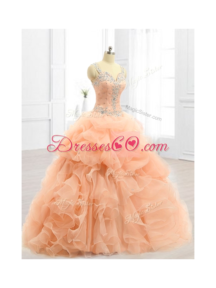 Custom Made Straps Beading and Ruffles Quinceanera Dress in Peach
