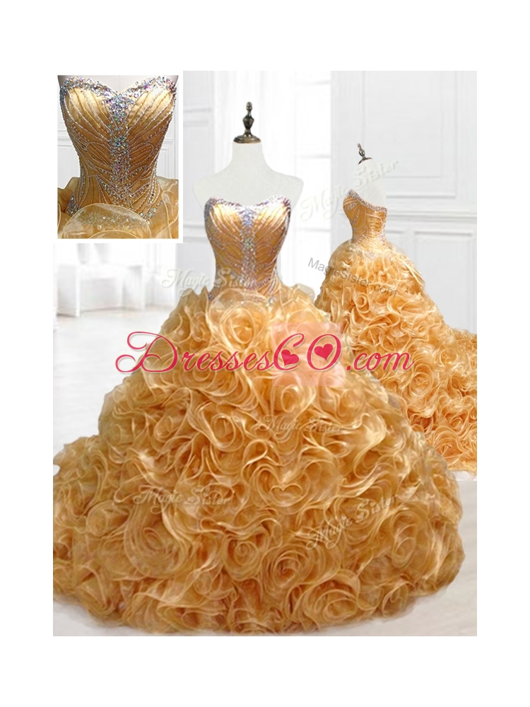 Custom Made Rolling Flowers Brush Train Quinceanera Dress with Beading